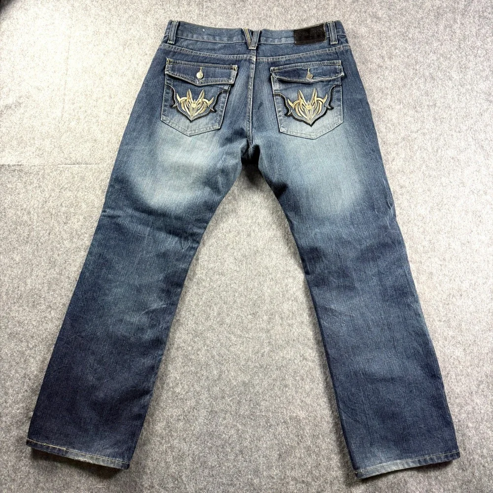 BB Gear Denim Distressed Jeans Mens 36x29‎ Straight Leg Y2K Embroidered vtg